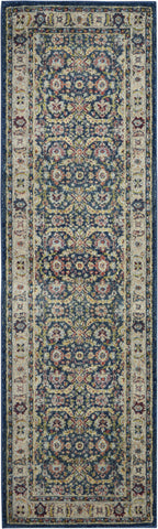 6' Navy Blue and Yellow Floral Distressed Non Skid Runner Rug