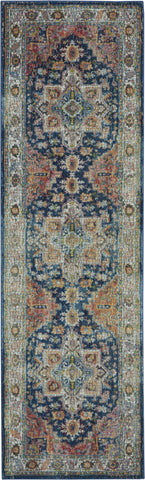 6' Ivory Blue and Orange Floral Distressed Non Skid Runner Rug