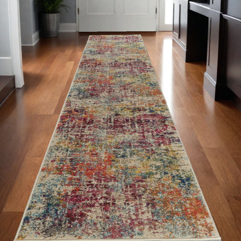 10' Ivory Orange and Pink Abstract Distressed Non Skid Runner Rug