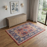 4' X 6' Blue and Red Oriental Distressed Non Skid Area Rug