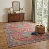 4' X 6' Blue and Red Floral Medallion Distressed Non Skid Area Rug