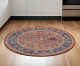 6' Navy Blue and Red Floral Distressed Non Skid Round Rug