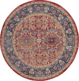 6' Navy Blue and Red Floral Distressed Non Skid Round Rug