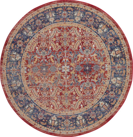 6' Navy Blue and Red Floral Distressed Non Skid Round Rug