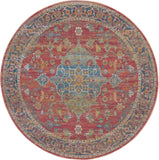 6' Blue and Red Floral Medallion Distressed Non Skid Round Rug