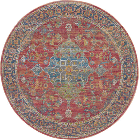 6' Blue and Red Floral Medallion Distressed Non Skid Round Rug
