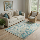 5' X 7' Ivory And Turquoise Botanical Leaves Area Rug