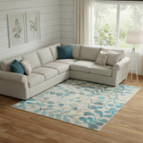 6' X 9' Ivory And Turquoise Botanical Leaves Area Rug