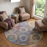 6' Blue Red and Orange Geometric Distressed Non Skid Round Rug