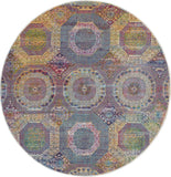 6' Blue Red and Orange Geometric Distressed Non Skid Round Rug