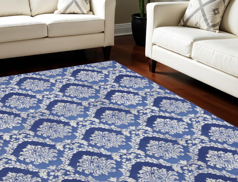 8' X 10' Blue and Ivory Damask Distressed Non Skid Area Rug