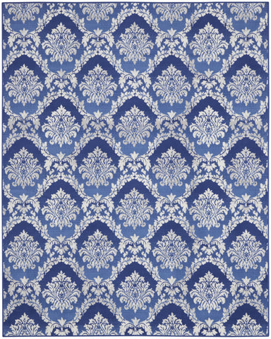 8' X 10' Blue and Ivory Damask Distressed Non Skid Area Rug