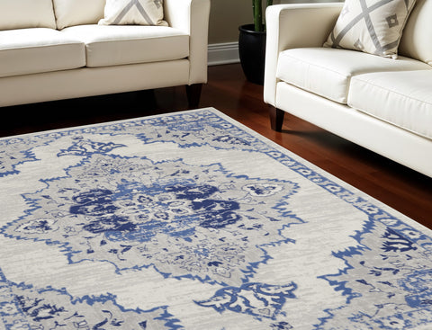 8' X 10' Ivory Blue and Gray Floral Medallion Distressed Non Skid Area Rug