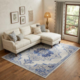 8' X 10' Ivory Blue and Gray Floral Medallion Distressed Non Skid Area Rug