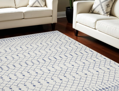 8' X 10' Ivory and Blue Geometric Distressed Non Skid Area Rug