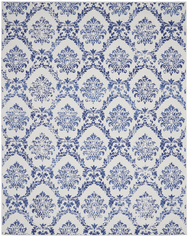 8' X 10' Ivory and Navy Blue Damask Distressed Non Skid Area Rug