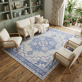 8' X 10' Ivory Blue and Gray Floral Medallion Distressed Non Skid Area Rug