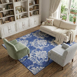8' X 10' Navy Blue and Ivory Damask Distressed Non Skid Area Rug