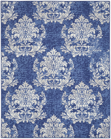 8' X 10' Navy Blue and Ivory Damask Distressed Non Skid Area Rug