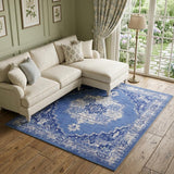 8' X 10' Ivory Navy Blue and Beige Floral Medallion Distressed Non Skid Area Rug