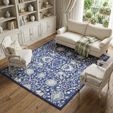 8' X 10' Navy Blue Ivory and Beige Floral Distressed Non Skid Area Rug