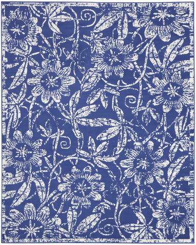 8' X 10' Ivory and Navy Blue Floral Distressed Non Skid Area Rug