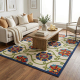 5' X 7' Blue Cream Gray Light Green And Red Abstract Distressed Area Rug