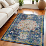5' X 8' Ivory Blue and Green Floral Medallion Distressed Non Skid Area Rug