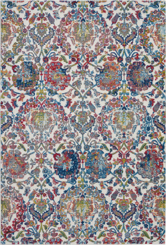 5' X 8' Ivory Blue and Red Floral Distressed Non Skid Area Rug