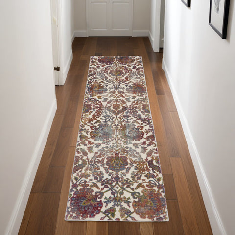 8' White and Golden Brown Floral Distressed Non Skid Runner Rug