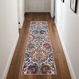 8' Ivory Blue and Gray Floral Distressed Non Skid Runner Rug