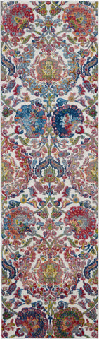 8' Ivory Blue and Gray Floral Distressed Non Skid Runner Rug