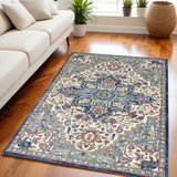 5' X 8' Navy Blue and Ivory Floral Medallion Distressed Non Skid Area Rug