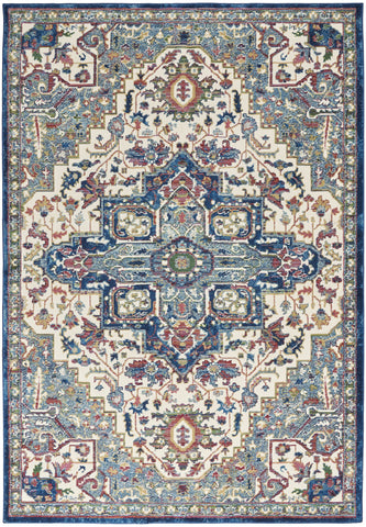 5' X 8' Navy Blue and Ivory Floral Medallion Distressed Non Skid Area Rug