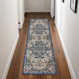 8' Navy Blue and Ivory Floral Medallion Distressed Non Skid Runner Rug