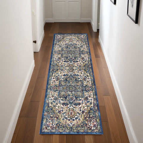 8' Navy Blue and Ivory Floral Medallion Distressed Non Skid Runner Rug