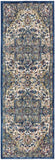 8' Navy Blue and Ivory Floral Medallion Distressed Non Skid Runner Rug