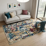 5' X 7' Cream Blue and Green Abstract Distressed Area Rug