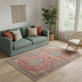 5' X 8' Rust Blue And Yellow Trellis Distressed Area Rug