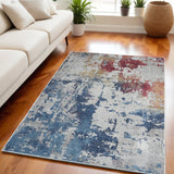 5' X 8' Ivory Red and Blue Abstract Distressed Non Skid Area Rug