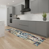 8' Cream Blue and Green Abstract Distressed Runner Rug