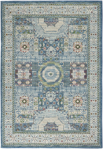 5' X 8' Ivory Blue and Green Oriental Distressed Non Skid Area Rug