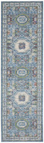 8' Ivory Blue and Green Oriental Distressed Non Skid Runner Rug