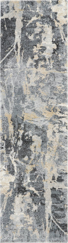 8' Ivory Black and Gray Abstract Distressed Runner Rug