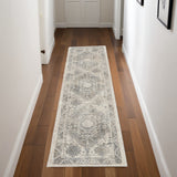 8' Cream and Gray Floral Distressed Runner Rug