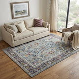 5' X 8' Teal Blue Orange and Black Floral Distressed Non Skid Area Rug