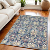 5' X 8' Ivory Navy Blue and Yellow Floral Distressed Non Skid Area Rug