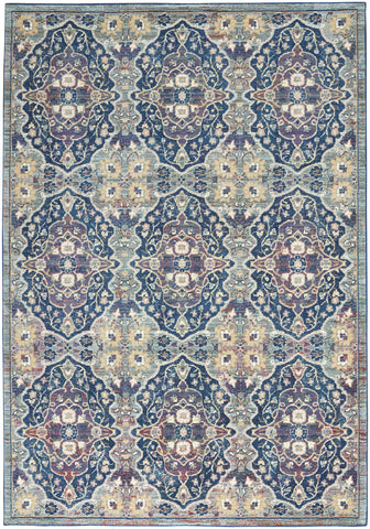 5' X 8' Ivory Navy Blue and Yellow Floral Distressed Non Skid Area Rug