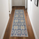 8' Ivory Navy Blue and Yellow Floral Distressed Non Skid Runner Rug