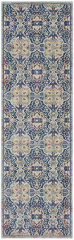 8' Ivory Navy Blue and Yellow Floral Distressed Non Skid Runner Rug